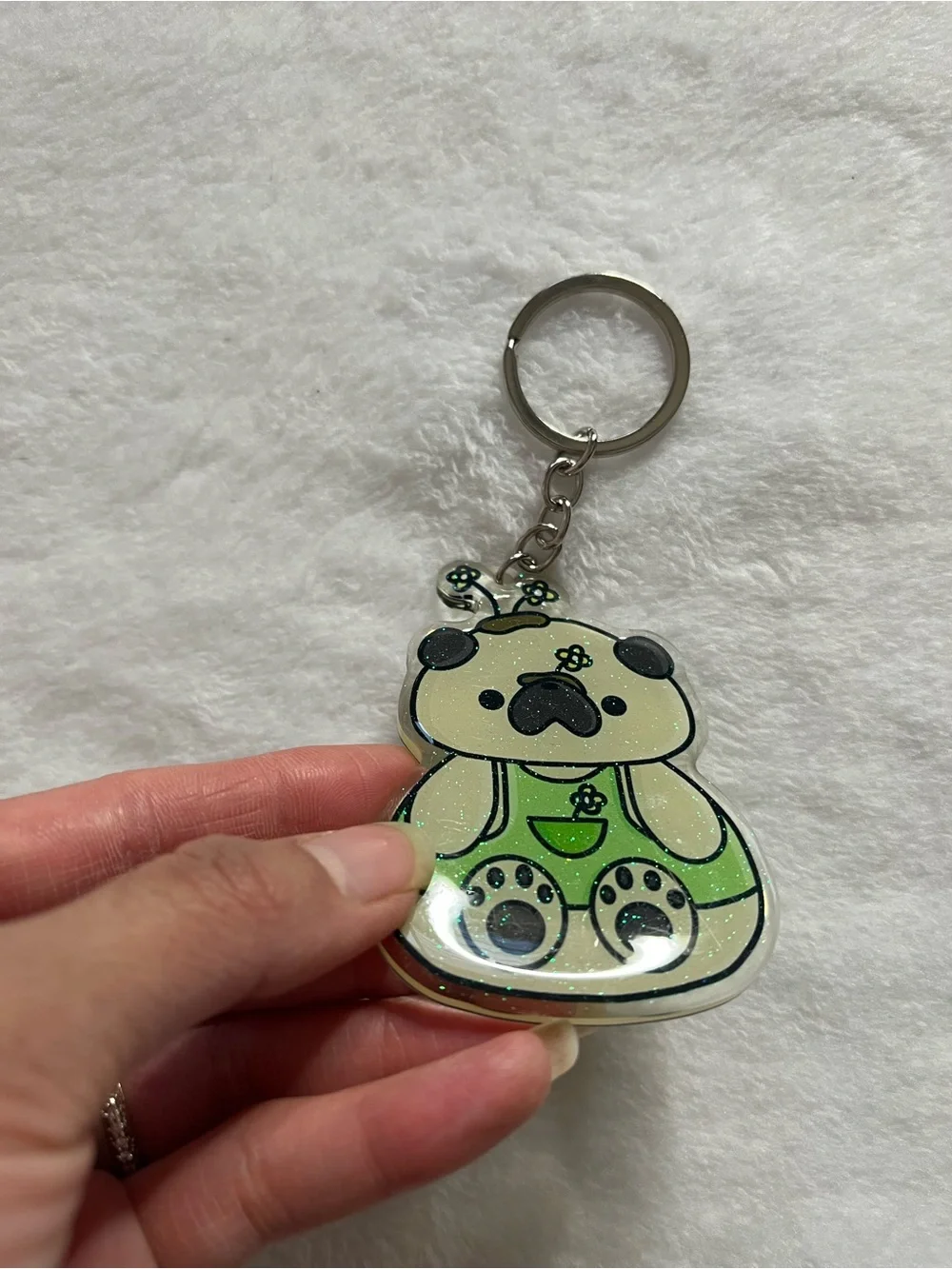 Pug fawn Cute Green Pug Keychain pet glitter acrylic